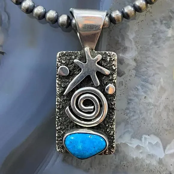 Alex Sanchez Native American Sterling Petroglyph Turquoise Dainty Pendant #7 - Picture 6 of 10